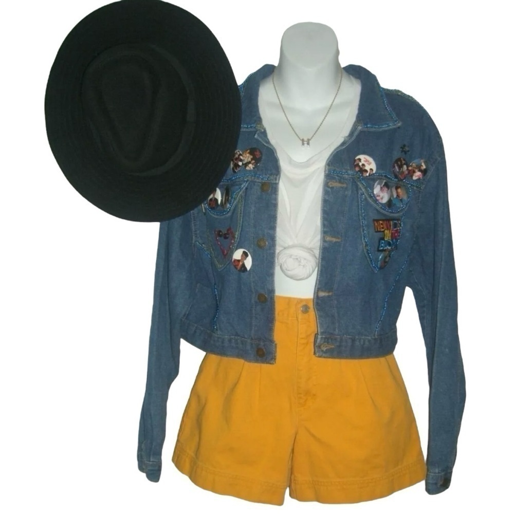 Vintage 80s Jack Mulqueen Cropped Denim New Kids Nkotb Concert Pins Jacket Jean